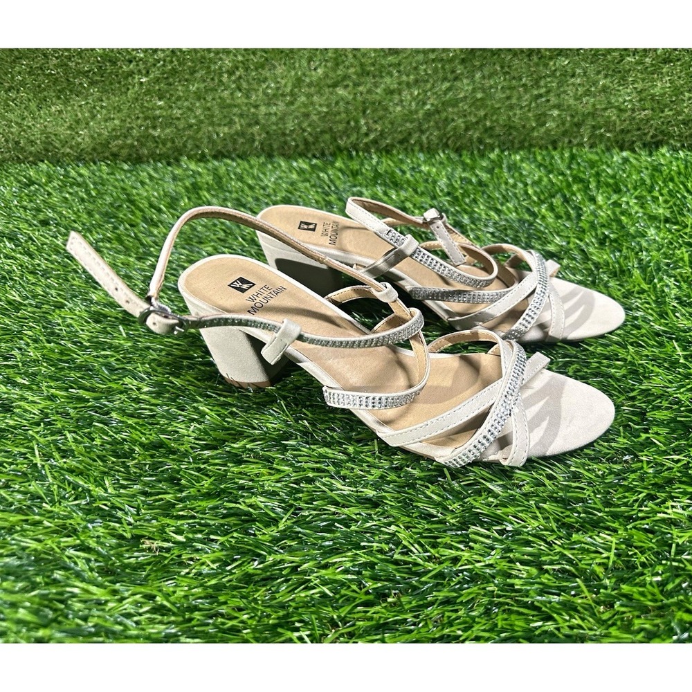 White Mountain Womens Beige Rhinestone Strappy Ankle Strap Block Heel Size 7.5